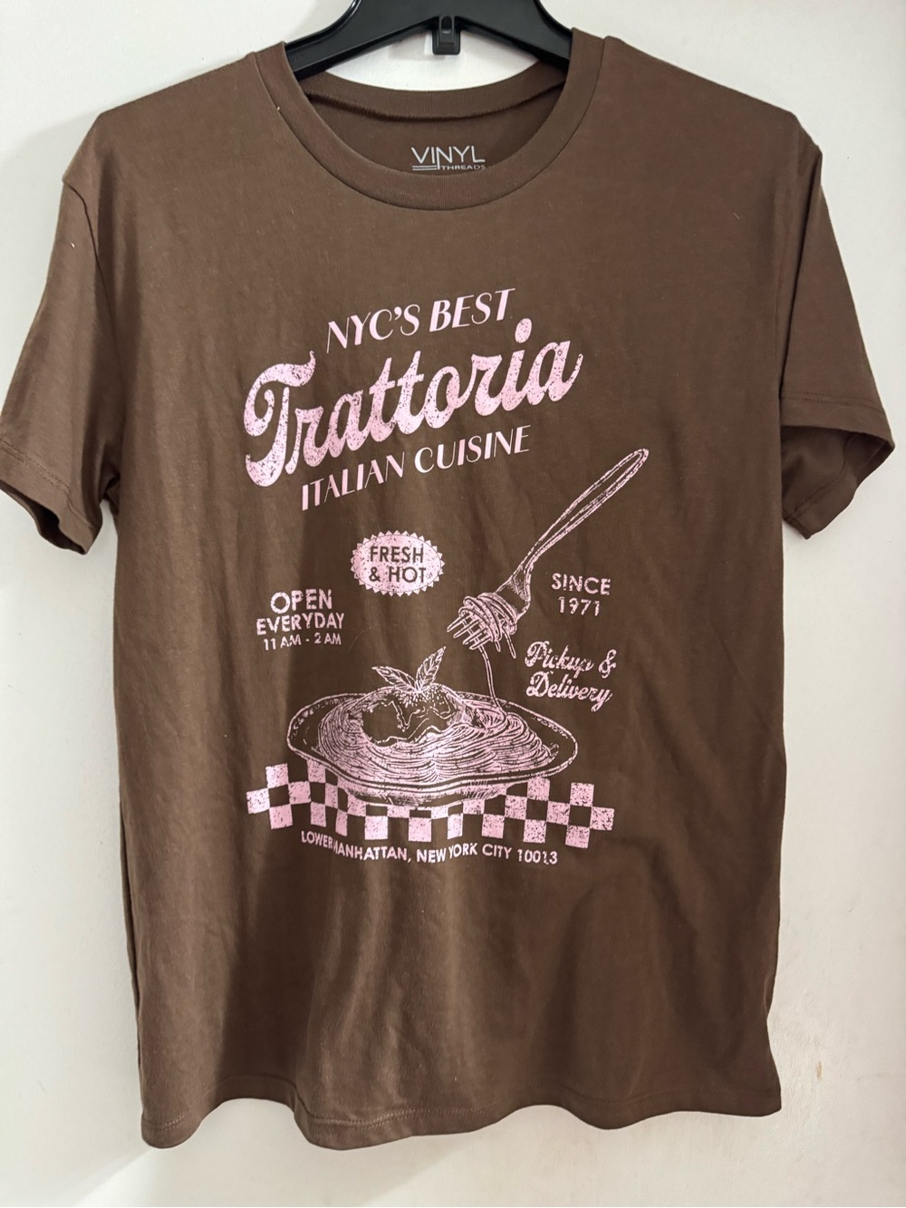 NYC's Best Trattoria Short Sleeve Tee - Brown with Pink Print